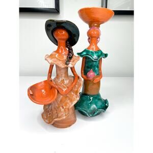 Vintage Female Clay Figures Folk Art Decor Terracotta Sculptures